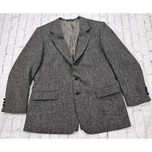 Vintage Austin Manor Tweed Wool Blazer Jacket Herringbone Leather Button MEN 44R